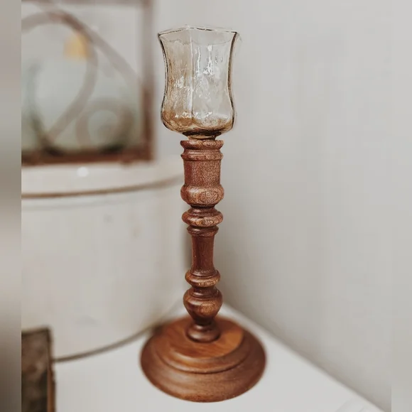 Vintage Glass + Wood Candle Holder - Picture 1 of 3